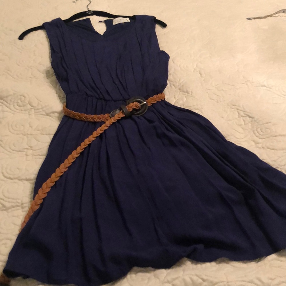 Navy sleeveless dress with belted waist